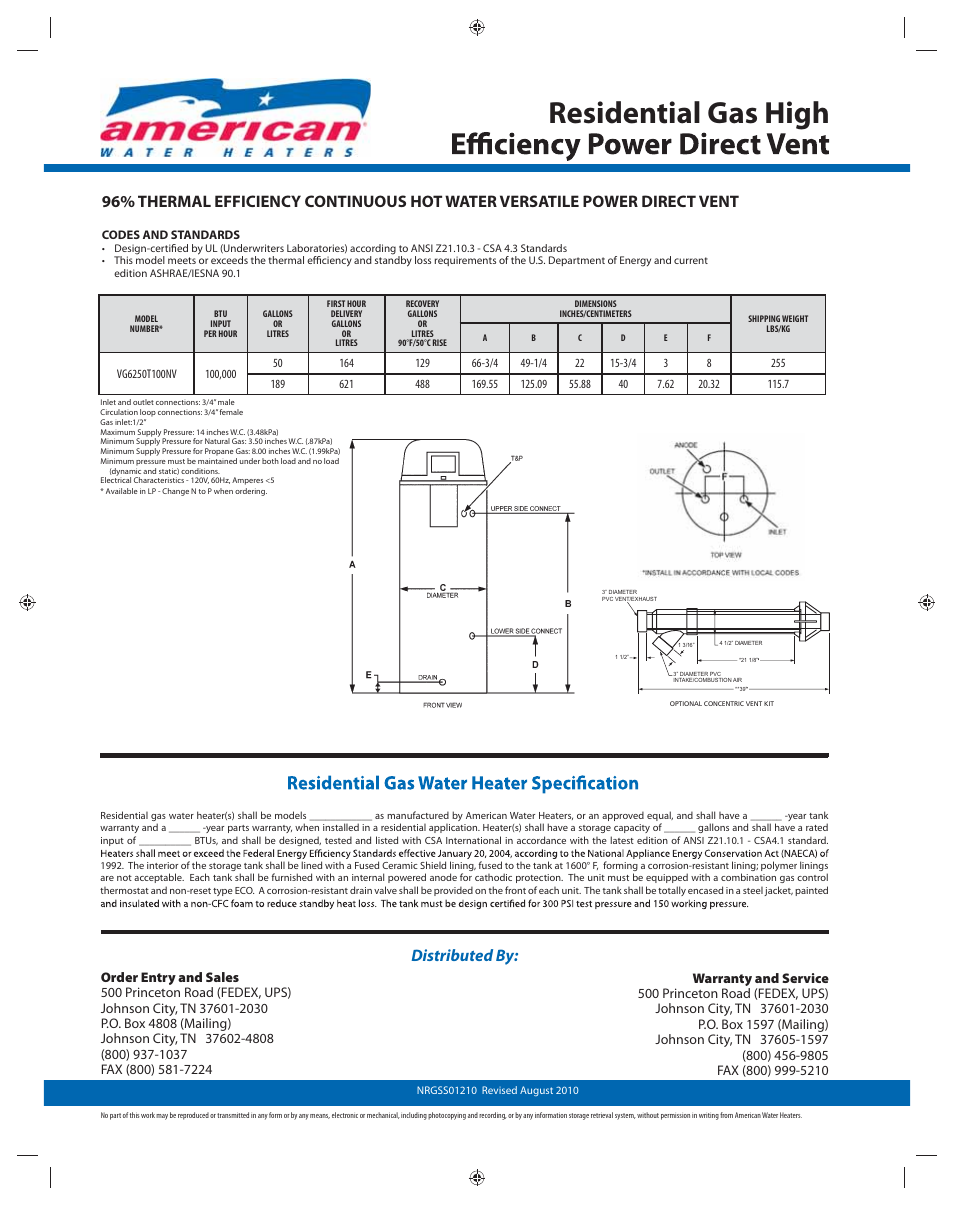 Residential gas high, Distributed by | American Water Heater NRGSS01210 User Manual | Page 2 / 2