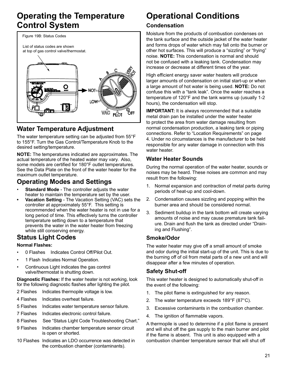 Operating the temperature control system, Operational conditions, Water temperature adjustment | Operating modes and settings, Status light codes | American Water Heater 318935-003 User Manual | Page 21 / 36