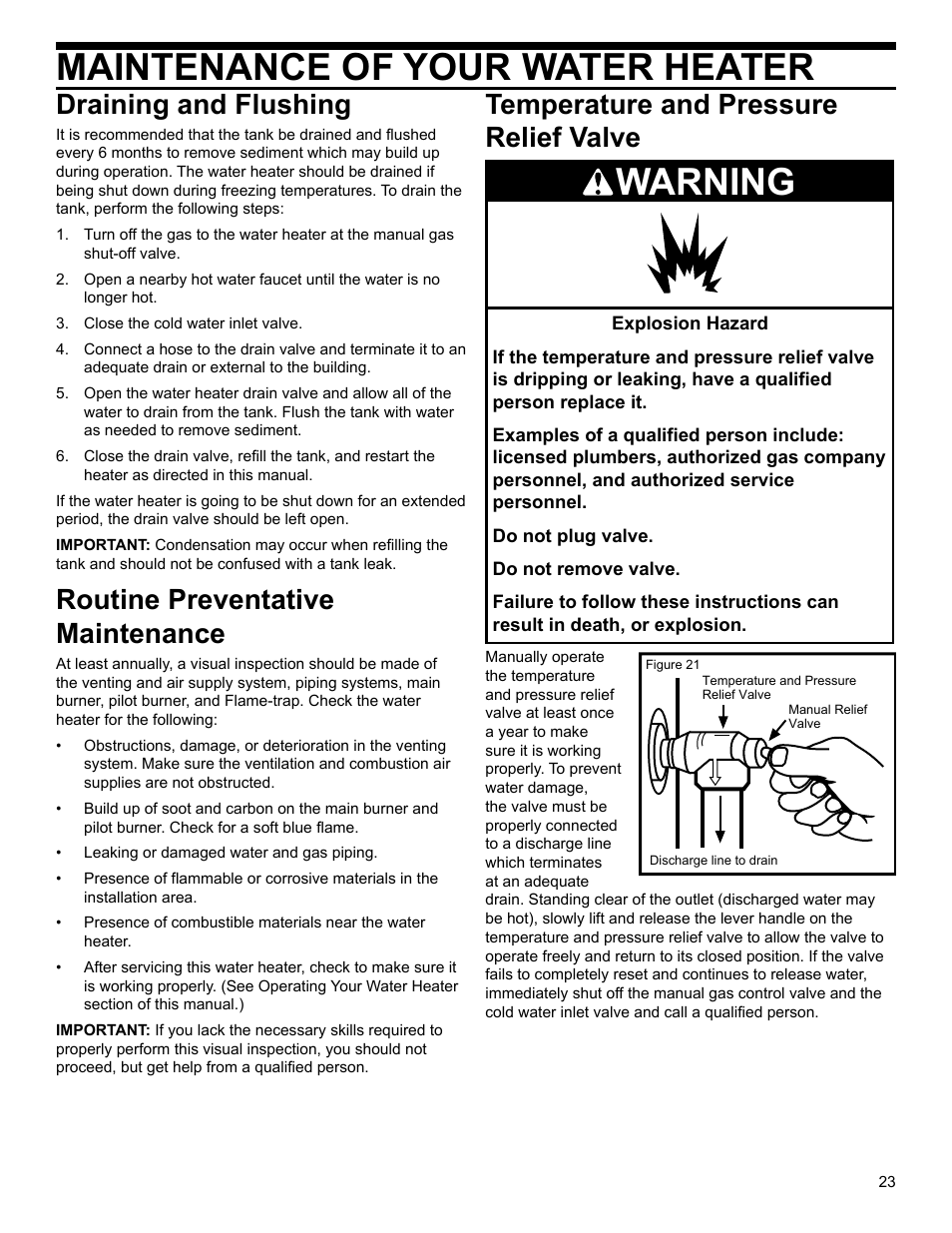 Maintenance of your water heater, Warning, Draining and flushing | Routine preventative maintenance, Temperature and pressure relief valve | American Water Heater 318935-003 User Manual | Page 23 / 36