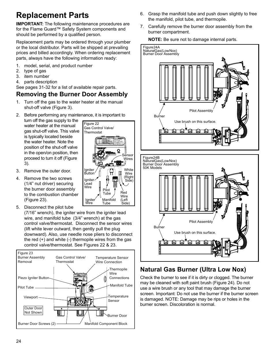 Replacement parts, Removing the burner door assembly, Natural gas burner (ultra low nox) | American Water Heater 318935-003 User Manual | Page 24 / 36