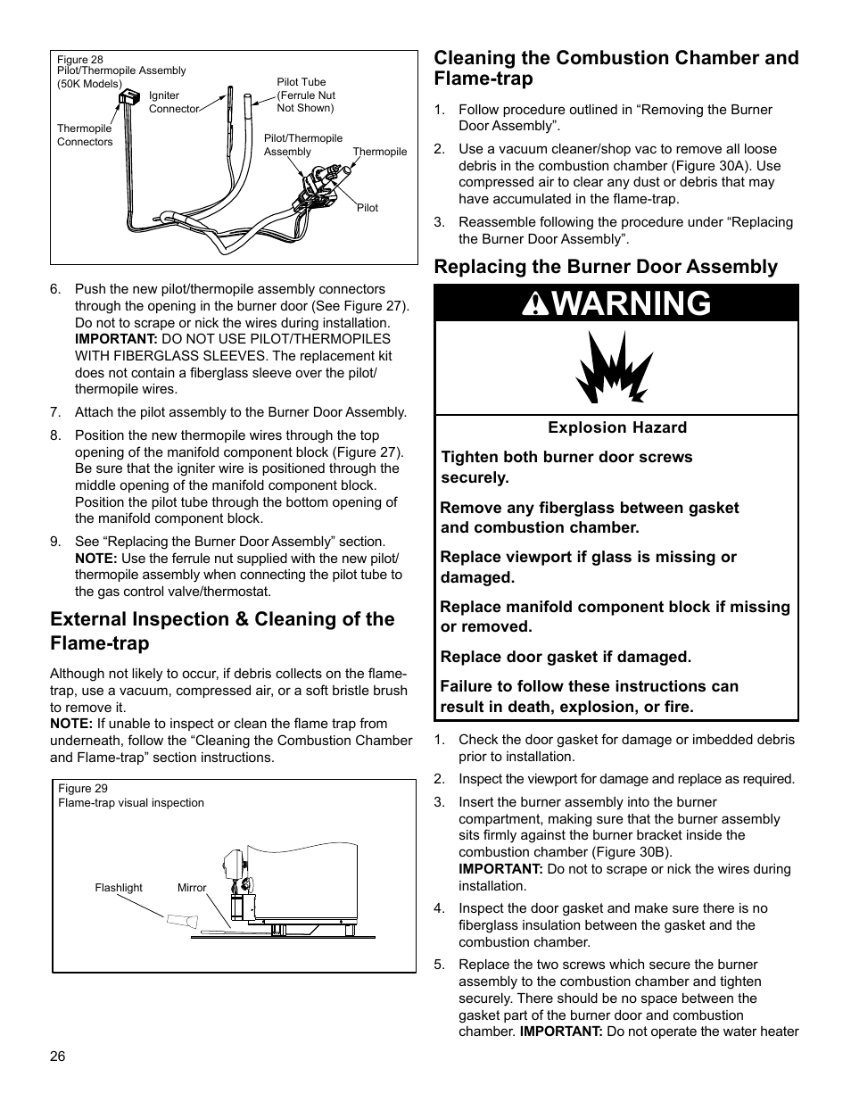 Warning, External inspection & cleaning of the flame-trap, Cleaning the combustion chamber and flame-trap | Replacing the burner door assembly | American Water Heater 318935-003 User Manual | Page 26 / 36