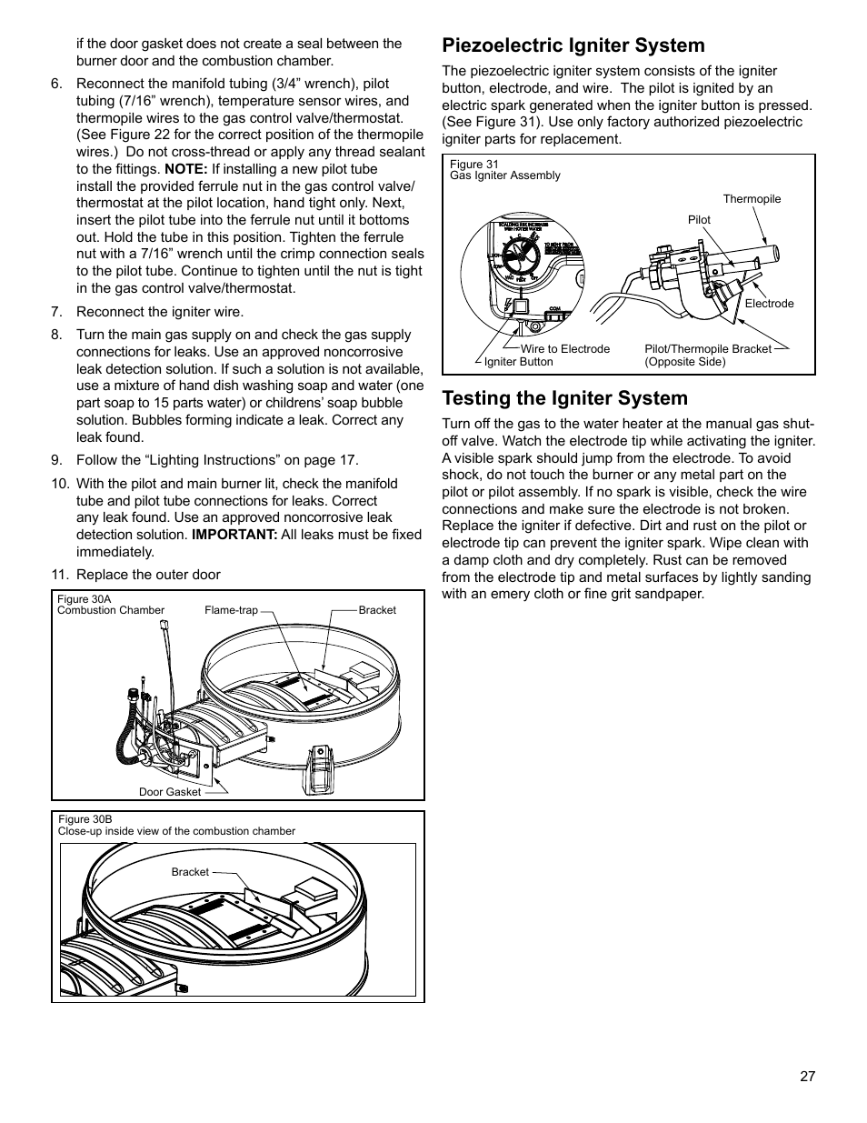 Piezoelectric igniter system, Testing the igniter system | American Water Heater 318935-003 User Manual | Page 27 / 36