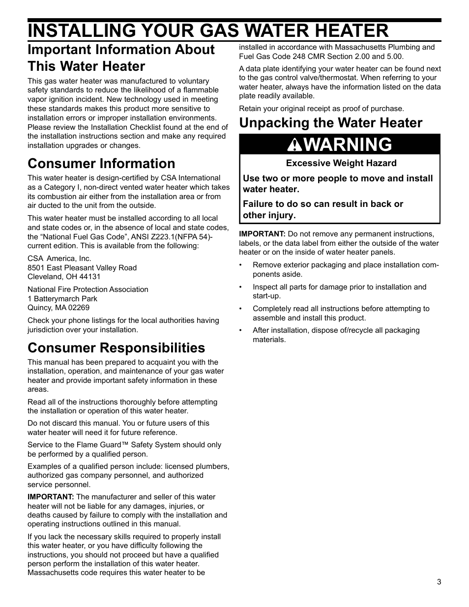 Installing your gas water heater, Warning, Important information about this water heater | Consumer information, Consumer responsibilities, Unpacking the water heater | American Water Heater 318935-003 User Manual | Page 3 / 36