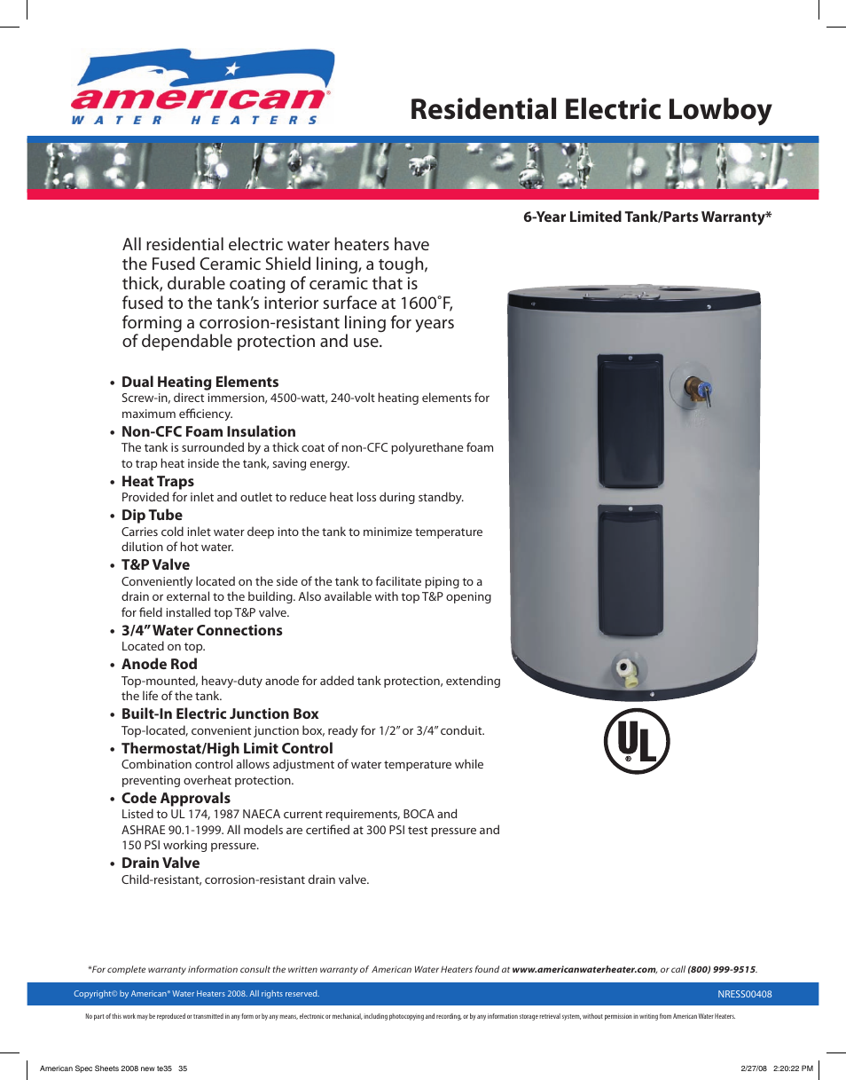 American Water Heater NRESS00408 User Manual | 2 pages