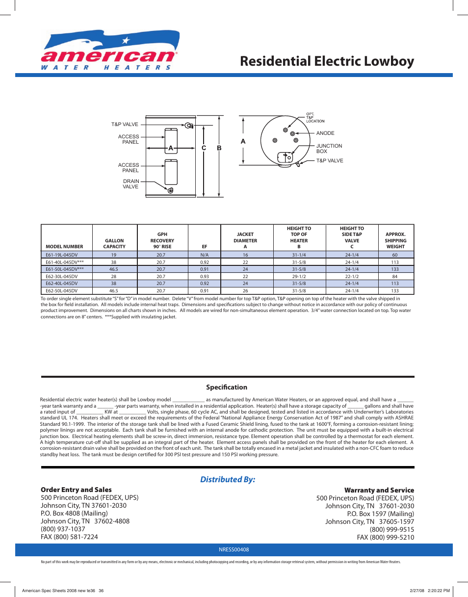 Residential electric lowboy, Distributed by, Specifi cation | American Water Heater NRESS00408 User Manual | Page 2 / 2