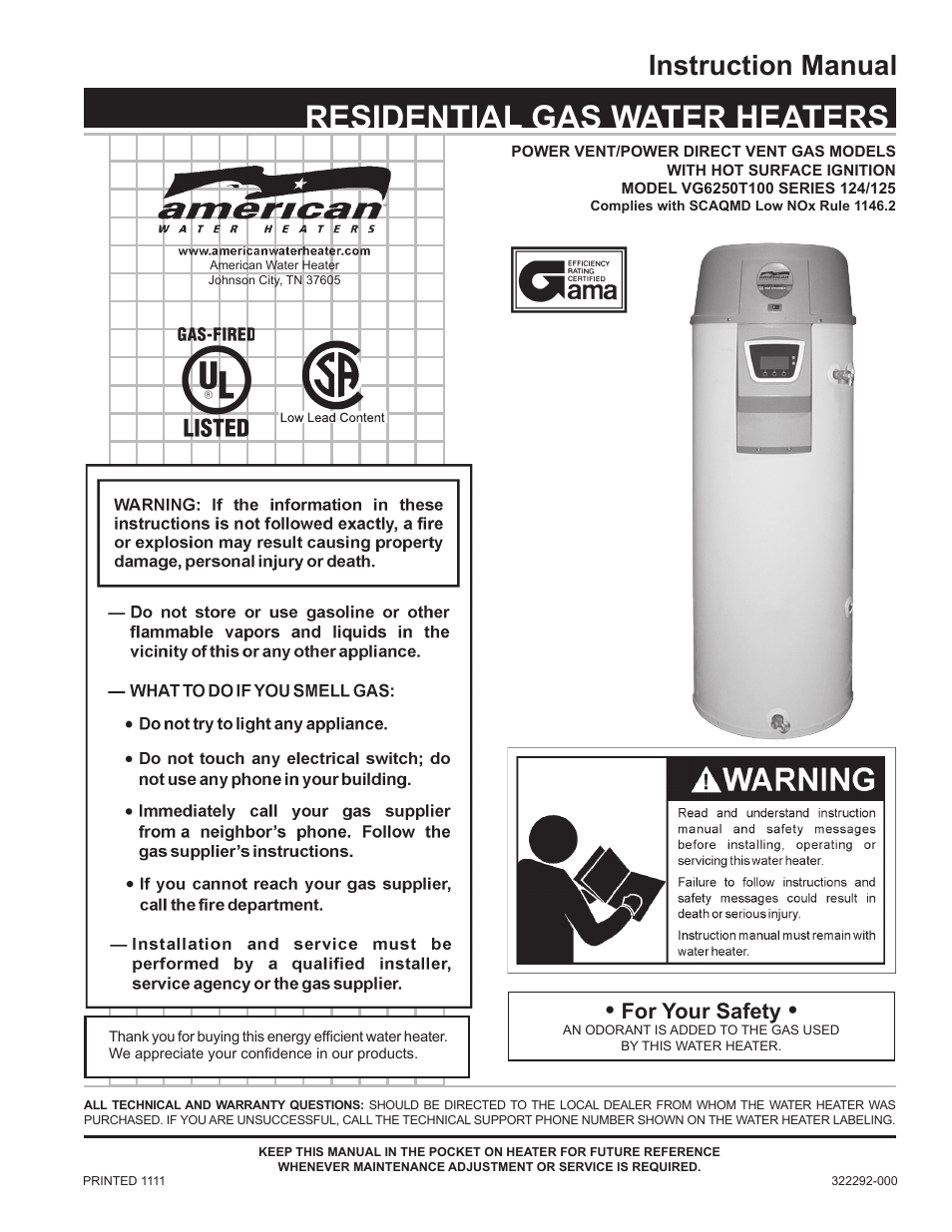 American Water Heater VG6250T100 User Manual | 60 pages