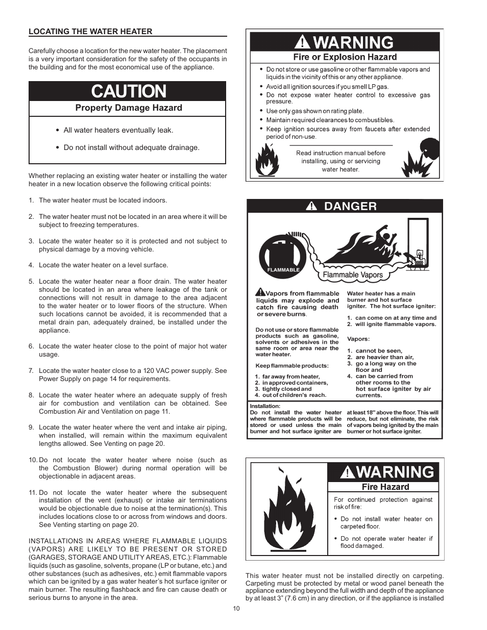 Locating the water heater, Caution | American Water Heater VG6250T100 User Manual | Page 10 / 60