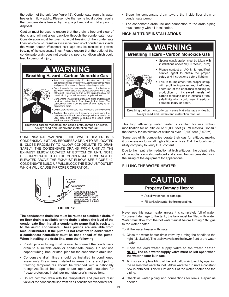 High altitude installations, Filling the water heater | American Water Heater VG6250T100 User Manual | Page 19 / 60