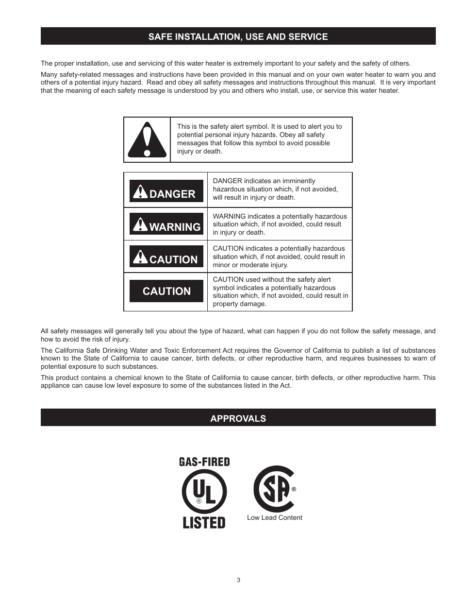 Safe installation, use and service, Approvals, Safe installation, use and service approvals | Danger warning caution caution | American Water Heater VG6250T100 User Manual | Page 3 / 60