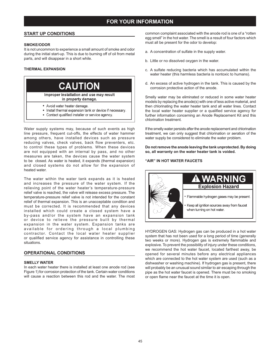 For your information, Start up conditions, Operational conditions | Start up conditions operational conditions | American Water Heater VG6250T100 User Manual | Page 45 / 60