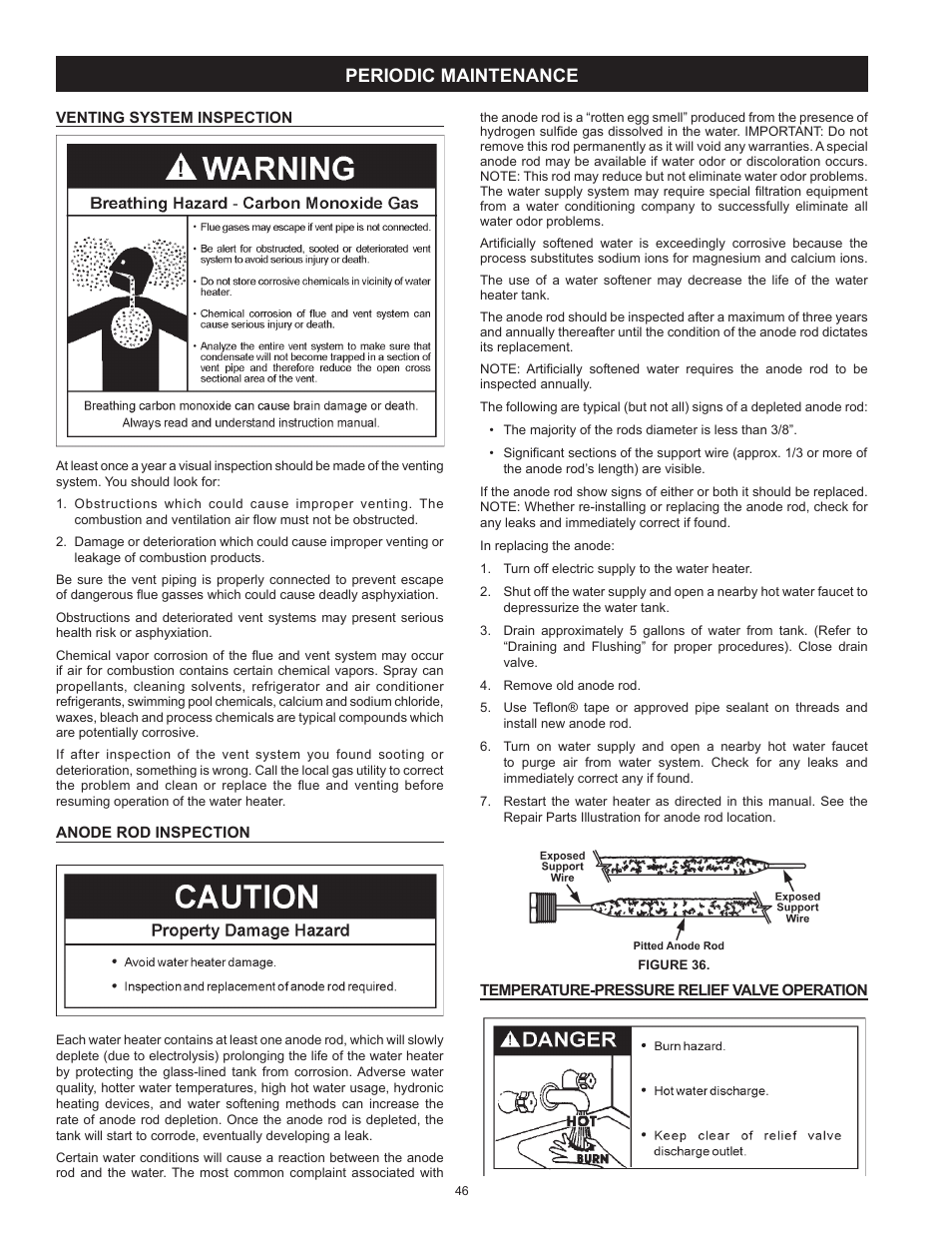 Periodic maintenance, Venting system inspection, Anode rod inspection | Temperature-pressure relief valve operation | American Water Heater VG6250T100 User Manual | Page 46 / 60