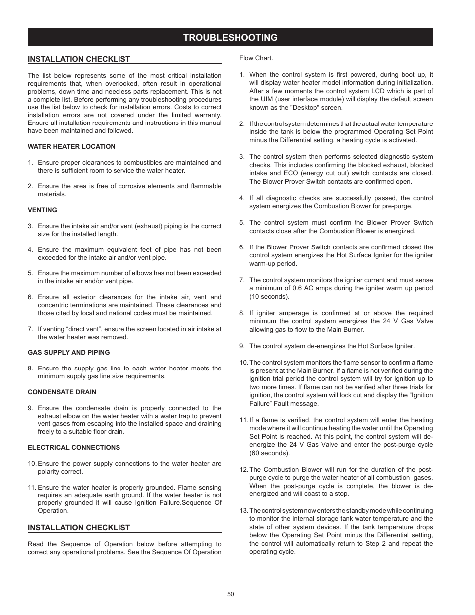 Troubleshooting, Installation checklist, Installation checklist installation checklist | American Water Heater VG6250T100 User Manual | Page 50 / 60