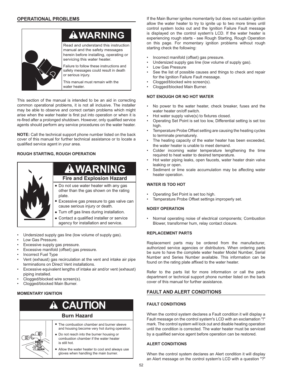 Operational problems, Fault and alert conditions, Operational problems fault and alert conditions | Caution, Burn hazard | American Water Heater VG6250T100 User Manual | Page 52 / 60