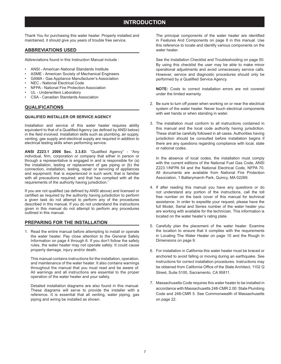 Introduction, Abbreviations used, Qualifications | Preparing for the installation | American Water Heater VG6250T100 User Manual | Page 7 / 60