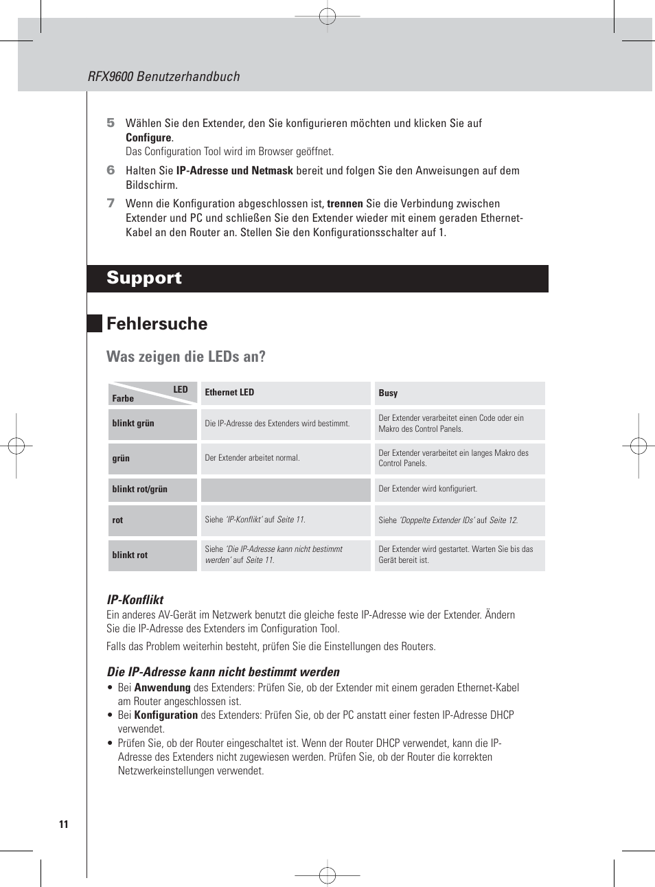 Support fehlersuche, Was zeigen die leds an, Rfx9600 benutzerhandbuch | Philips Pronto Serieller Extender User Manual | Page 14 / 52