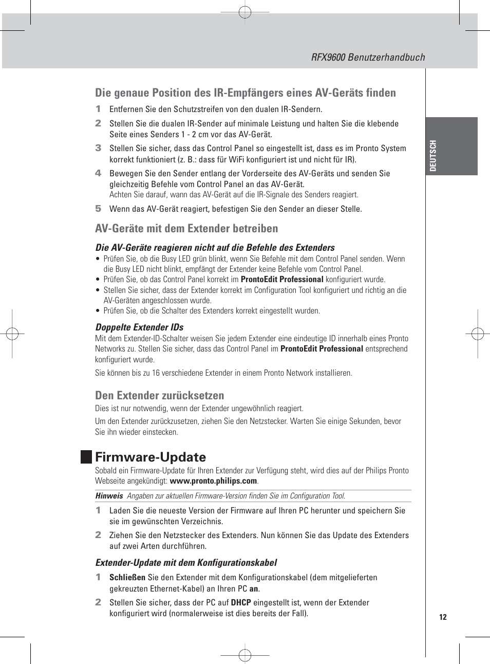 Firmware-update, Av-geräte mit dem extender betreiben, Den extender zurücksetzen | Philips Pronto Serieller Extender User Manual | Page 15 / 52