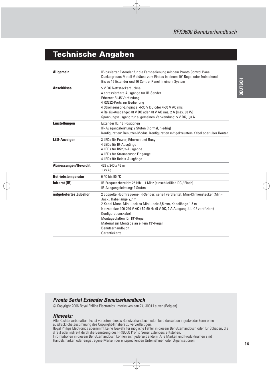 Technische angaben, Rfx9600 benutzerhandbuch, Pronto serial extender benutzerhandbuch | Hinweis | Philips Pronto Serieller Extender User Manual | Page 17 / 52