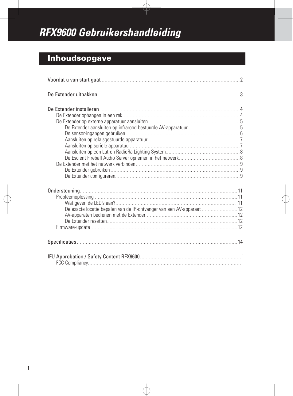 Inhoudsopgave, Rfx9600 gebruikershandleiding | Philips Pronto Serieller Extender User Manual | Page 18 / 52