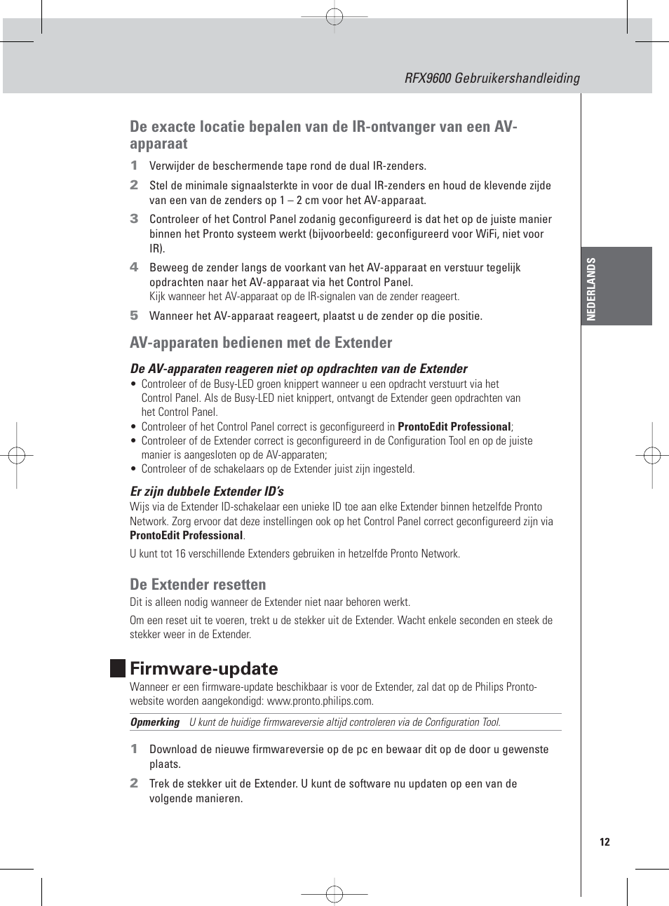 Firmware-update, Av-apparaten bedienen met de extender, De extender resetten | Philips Pronto Serieller Extender User Manual | Page 29 / 52