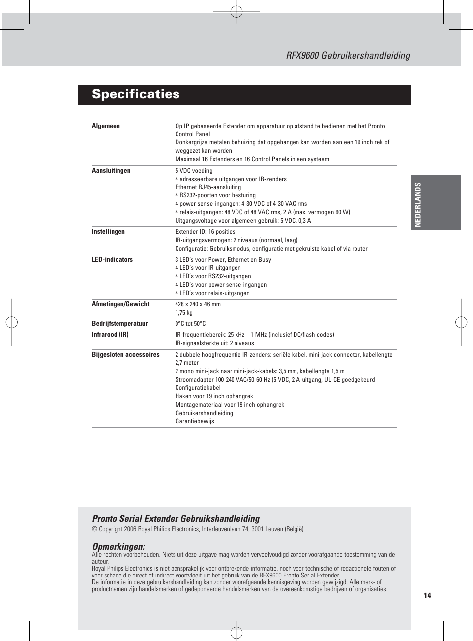 Specificaties, Rfx9600 gebruikershandleiding, Pronto serial extender gebruikshandleiding | Opmerkingen | Philips Pronto Serieller Extender User Manual | Page 31 / 52