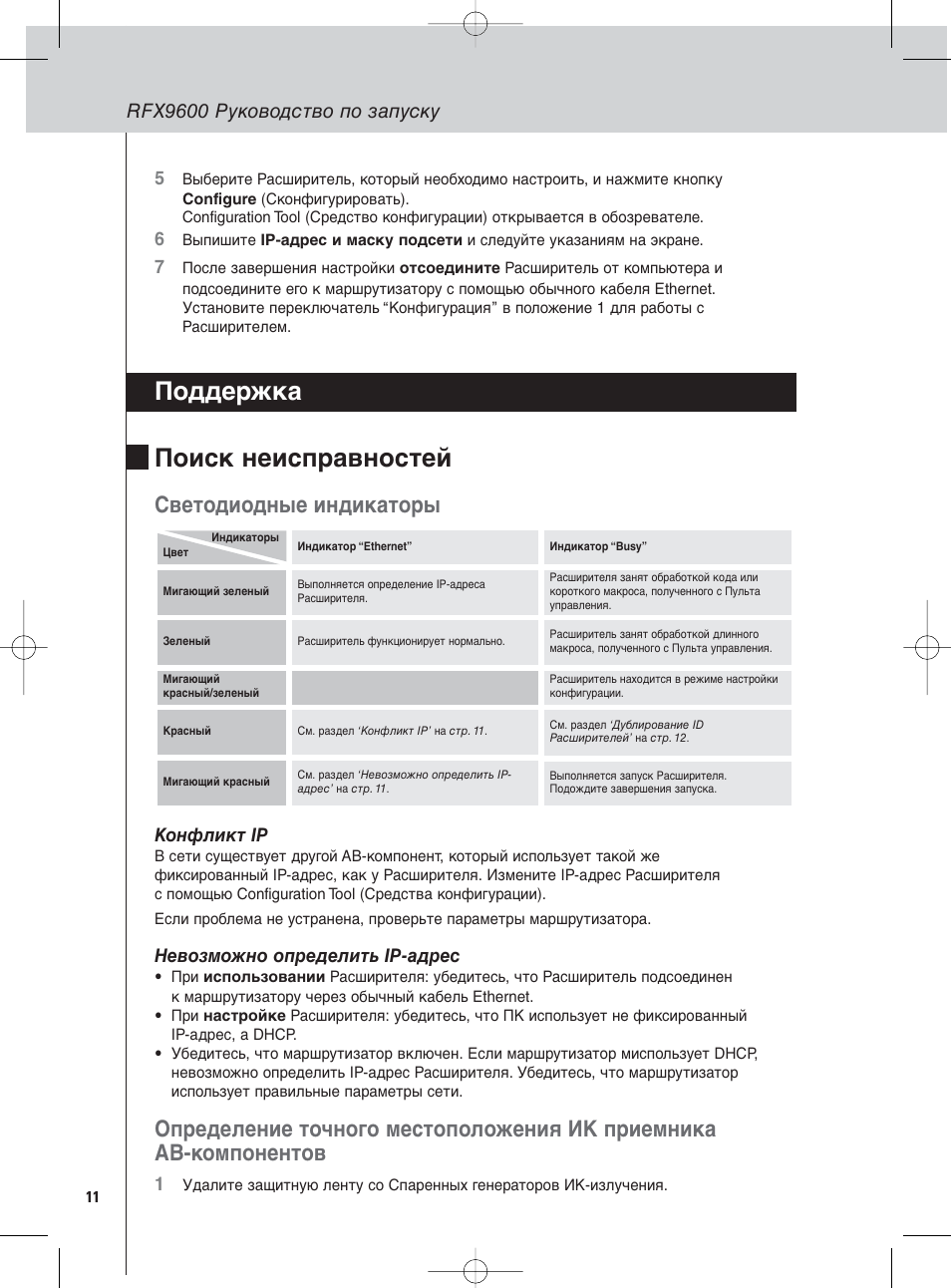 Поддержка поиск неисправностей, Светодиодные индикаторы, Rfx9600 руководство по запуску | Philips Pronto Serieller Extender User Manual | Page 42 / 52