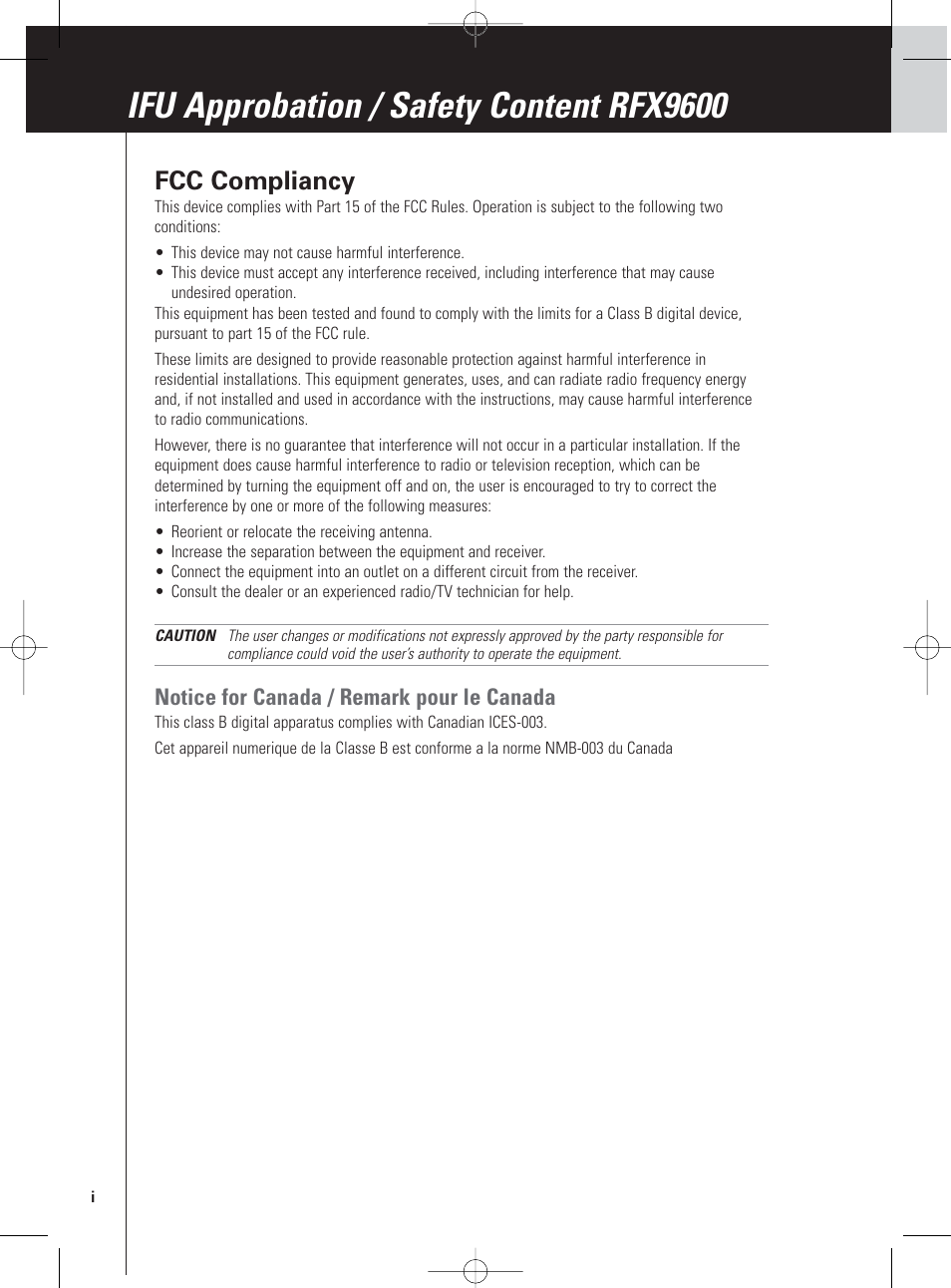 Ifu approbation / safety content rfx9600, Fcc compliancy, Notice for canada / remark pour le canada | Philips Pronto Serieller Extender User Manual | Page 46 / 52