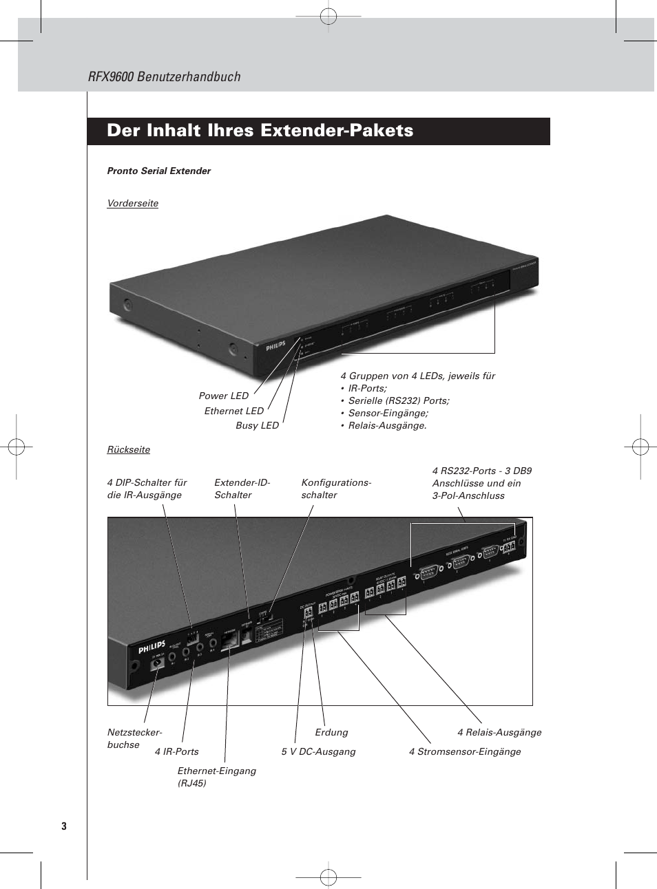 Der inhalt ihres extender-pakets, Rfx9600 benutzerhandbuch | Philips Pronto Serieller Extender User Manual | Page 6 / 52