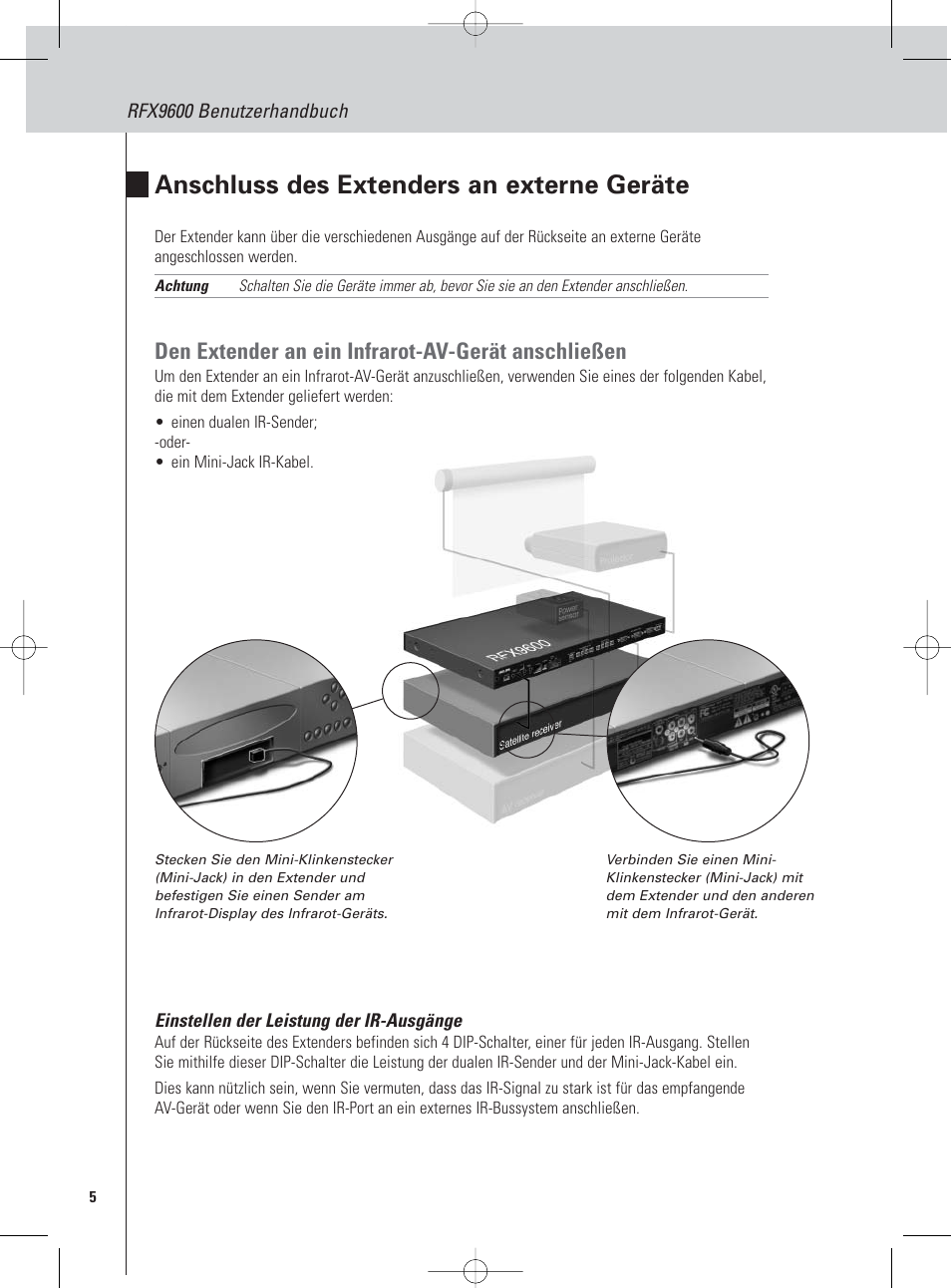 Anschluss des extenders an externe geräte, Den extender an ein infrarot-av-gerät anschließen | Philips Pronto Serieller Extender User Manual | Page 8 / 52