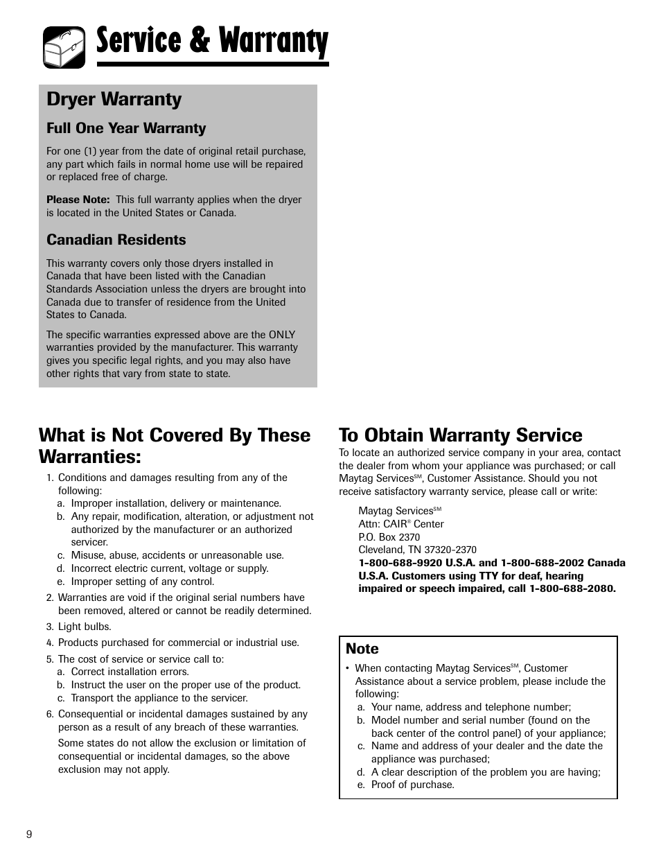 Service & warranty, Dryer warranty, What is not covered by these warranties | Full one year warranty, Canadian residents | Admiral AD-1 User Manual | Page 10 / 32