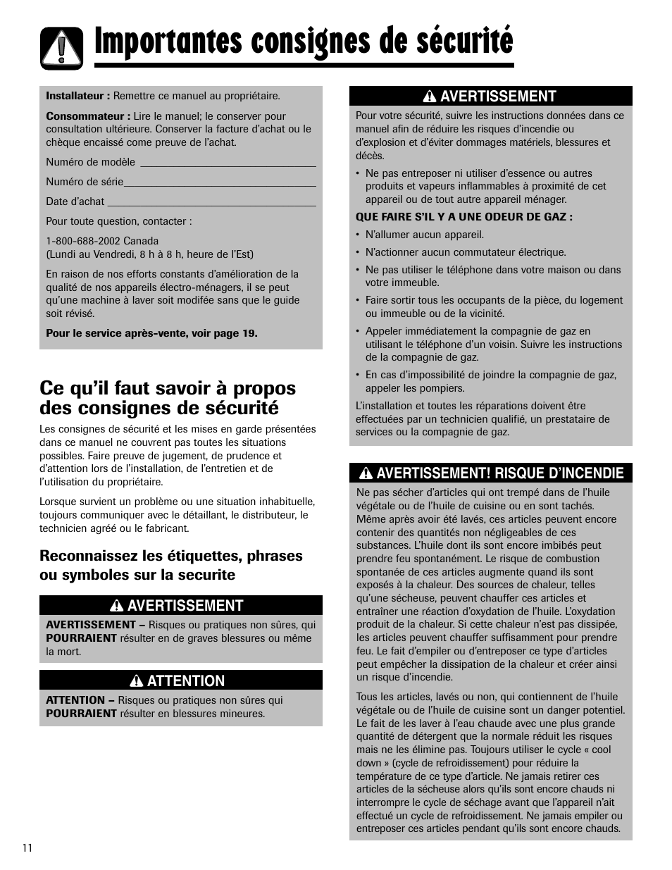 Importantes consignes de sécurité, Avertissement, Attention | Admiral AD-1 User Manual | Page 12 / 32