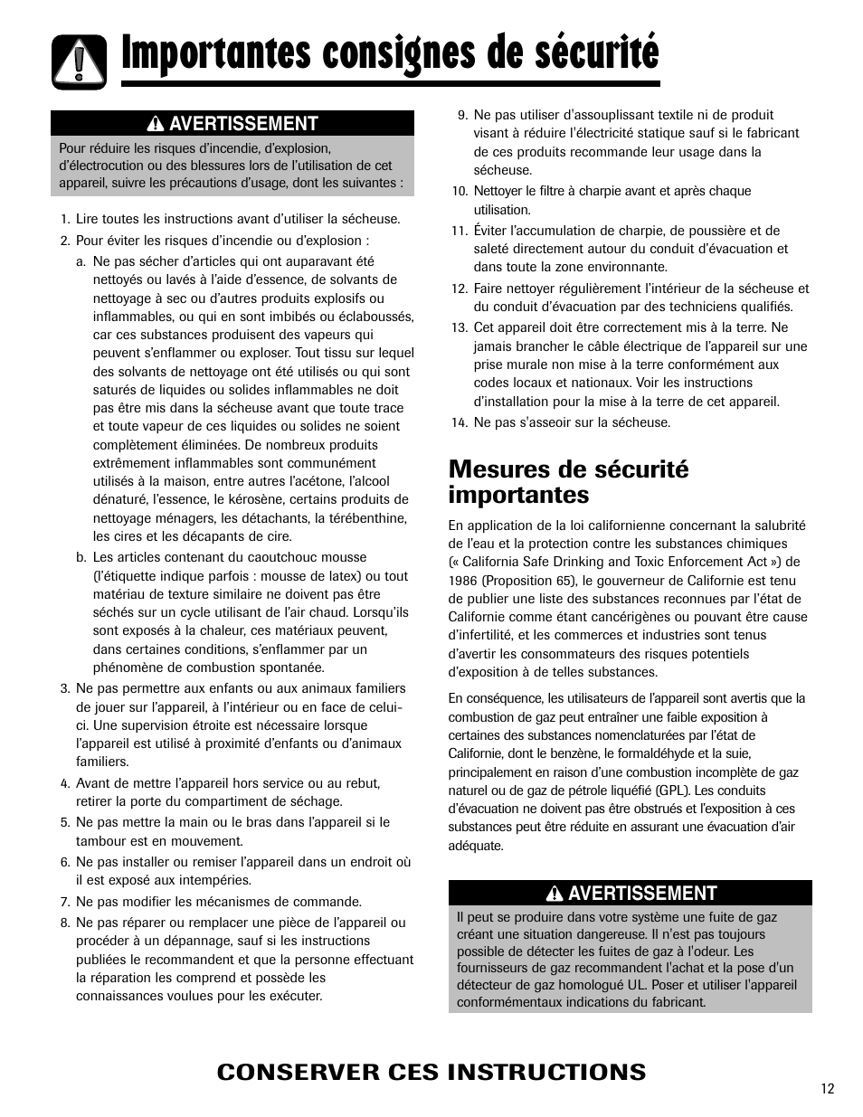 Importantes consignes de sécurité, Mesures de sécurité importantes, Conserver ces instructions | Avertissement | Admiral AD-1 User Manual | Page 13 / 32