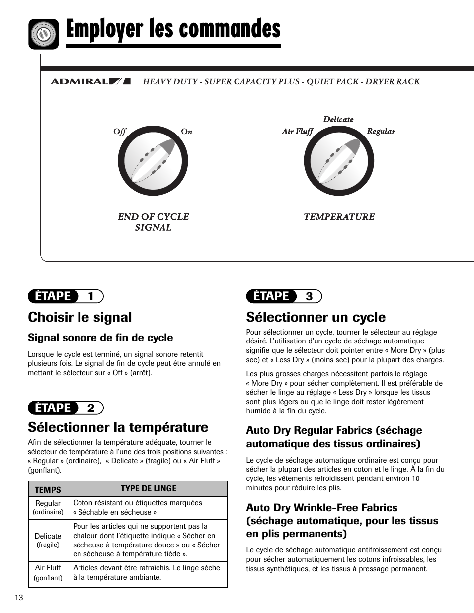 Employer les commandes, Sélectionner la température, Choisir le signal | Sélectionner un cycle, Étape 1 étape 3 étape 2 | Admiral AD-1 User Manual | Page 14 / 32