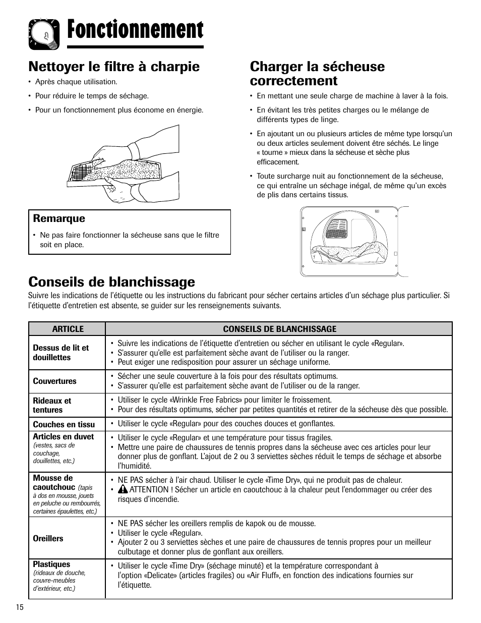 Fonctionnement, Nettoyer le filtre à charpie, Charger la sécheuse correctement | Conseils de blanchissage | Admiral AD-1 User Manual | Page 16 / 32
