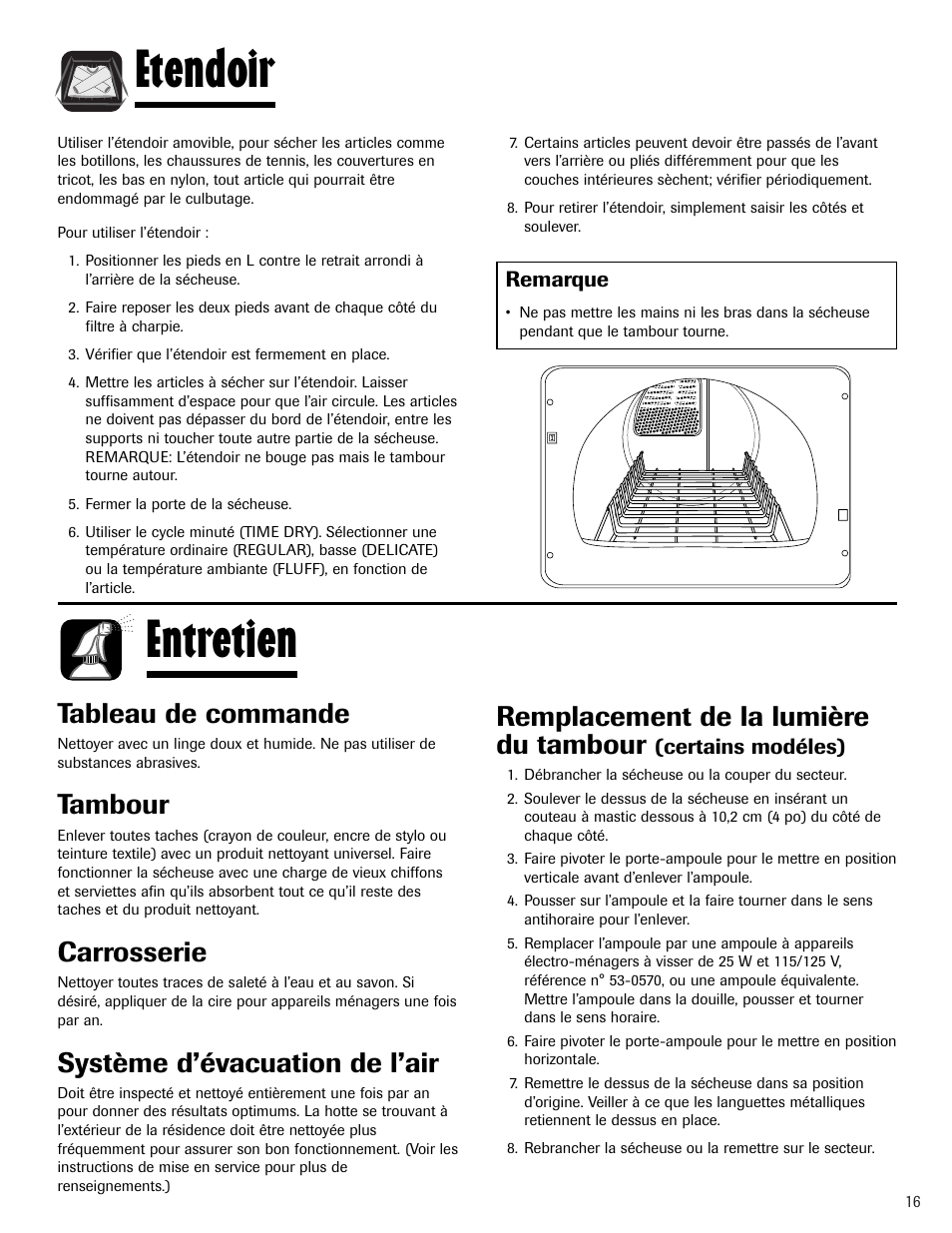 Entretien, Etendoir, Tableau de commande | Tambour, Carrosserie, Système d’évacuation de l’air, Remplacement de la lumière du tambour | Admiral AD-1 User Manual | Page 17 / 32