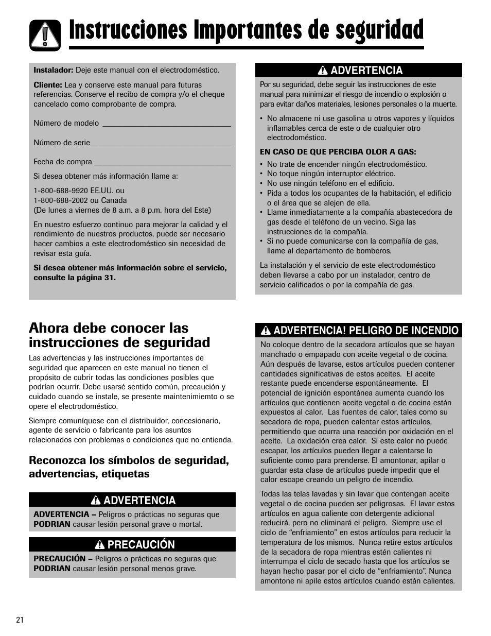 Instrucciones importantes de seguridad, Ahora debe conocer las instrucciones de seguridad, Advertencia | Precaución | Admiral AD-1 User Manual | Page 22 / 32
