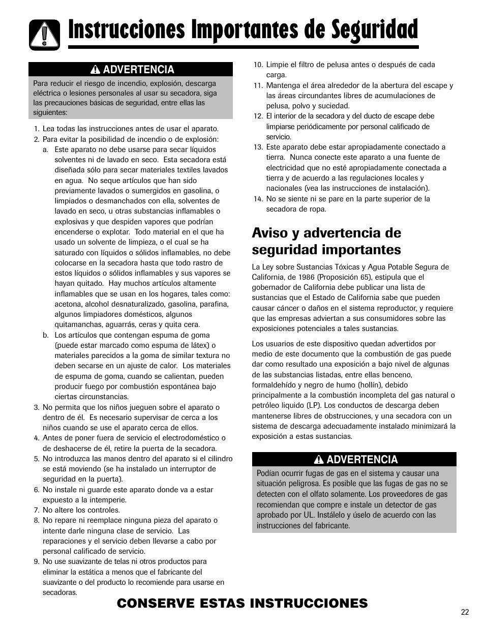 Instrucciones importantes de seguridad, Aviso y advertencia de seguridad importantes, Conserve estas instrucciones | Advertencia | Admiral AD-1 User Manual | Page 23 / 32