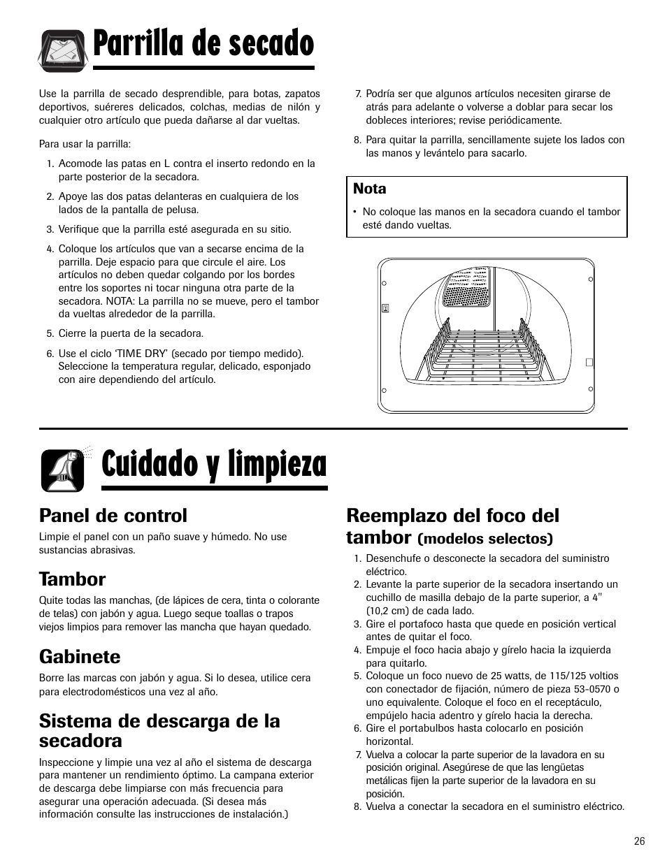 Cuidado y limpieza, Parrilla de secado, Panel de control | Tambor, Gabinete, Sistema de descarga de la secadora, Reemplazo del foco del tambor | Admiral AD-1 User Manual | Page 27 / 32