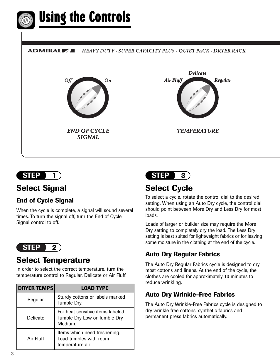 Using the controls, Select temperature, Select signal | Select cycle | Admiral AD-1 User Manual | Page 4 / 32