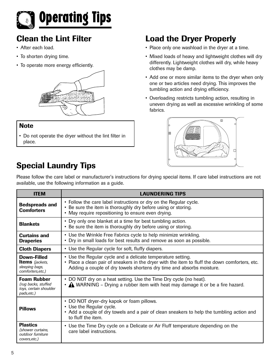 Operating tips, Clean the lint filter, Load the dryer properly | Special laundry tips | Admiral AD-1 User Manual | Page 6 / 32