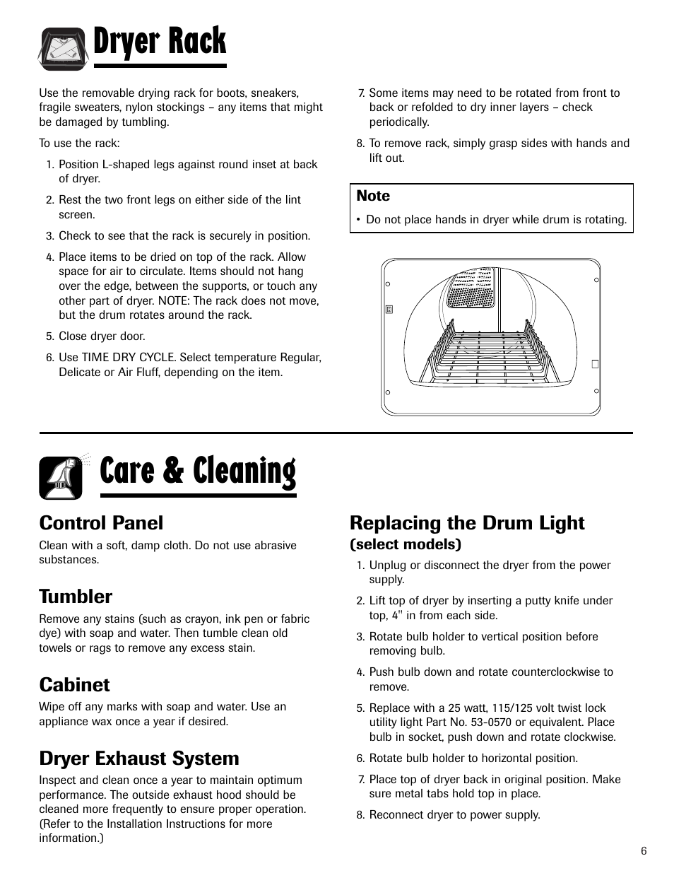 Dryer rack, Care & cleaning, Control panel | Tumbler, Cabinet, Dryer exhaust system, Replacing the drum light | Admiral AD-1 User Manual | Page 7 / 32