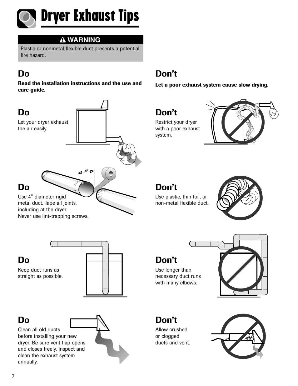 Dryer exhaust tips, Don’t | Admiral AD-1 User Manual | Page 8 / 32