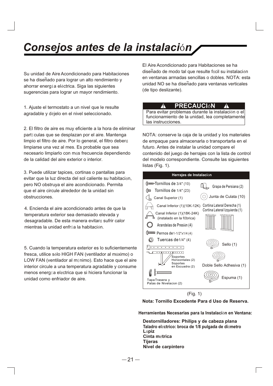 Consejos antes de la instalaci n, Precauci n | Admiral AAW-24CM3FHU User Manual | Page 22 / 35
