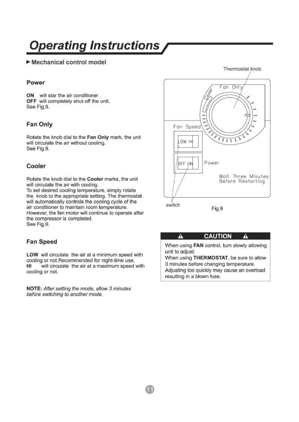 Mechanical control model, Power, Fan only | Cooler, Fan speed, Caution a, Operating instructions | Admiral AW-05CR1FHLU User Manual | Page 12 / 36