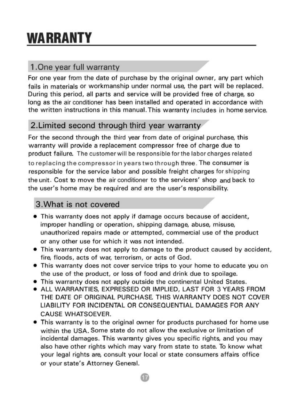 1 .one year full warranty, Limited second through third year warranty, S.what is not covered | Warranty | Admiral AW-05CR1FHLU User Manual | Page 18 / 36