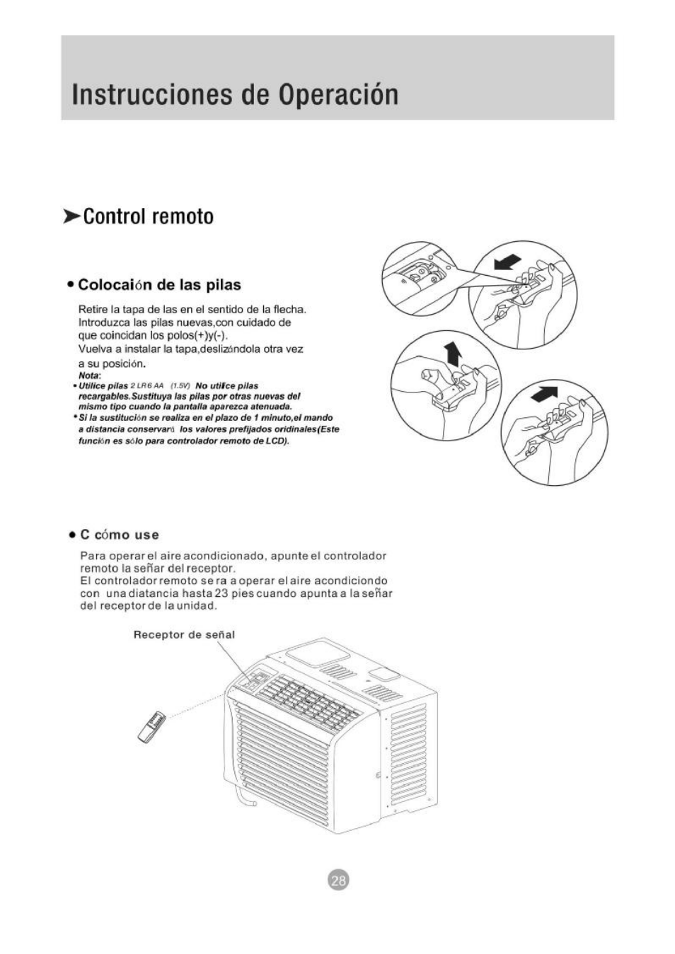 Control remoto, Colocaión de las pilas, Instrucciones de operación | Admiral AW-05CR1FHLU User Manual | Page 29 / 36