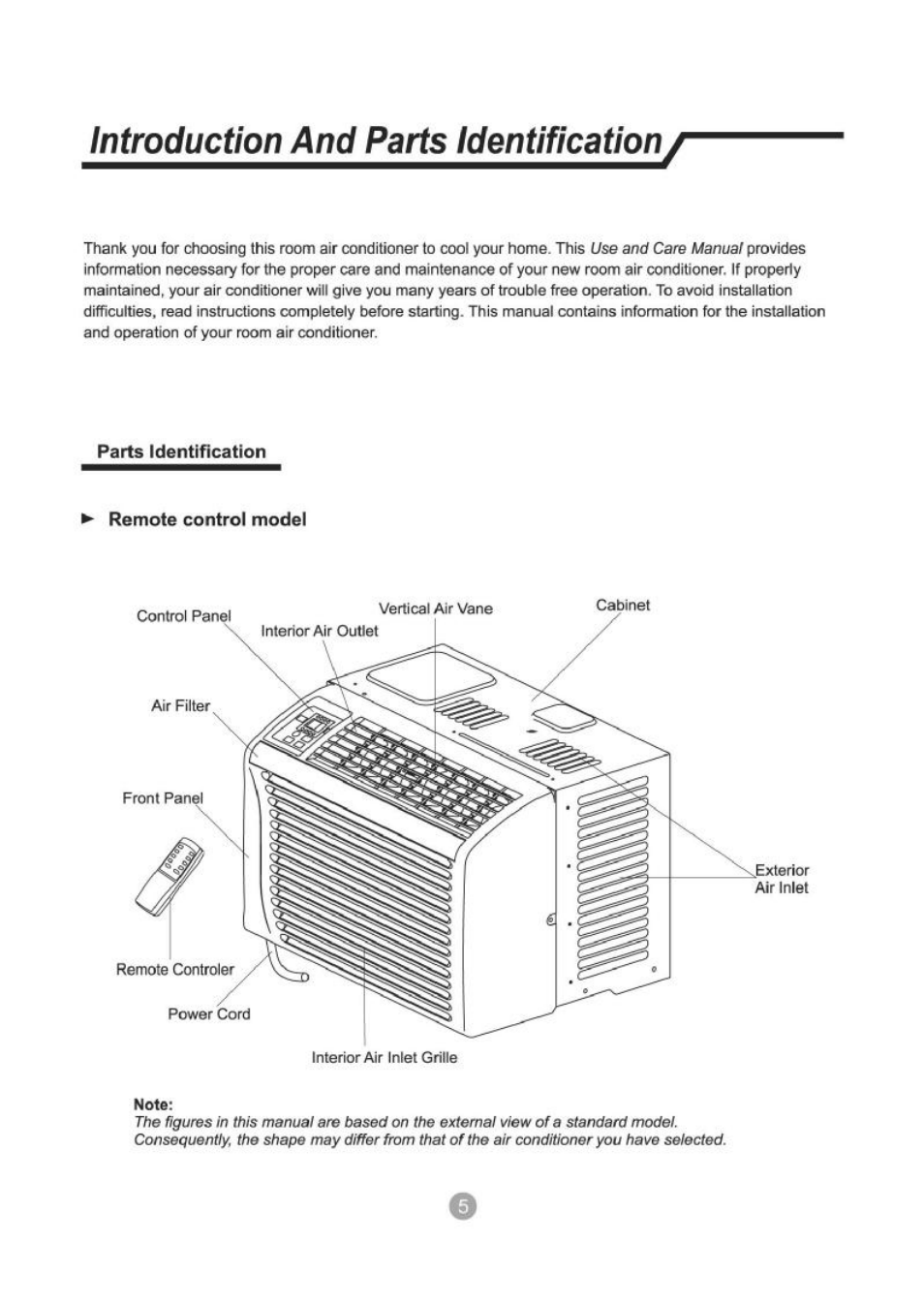 Introduction and parts identification, Parts identification, Remote control model | Admiral AW-05CR1FHLU User Manual | Page 6 / 36