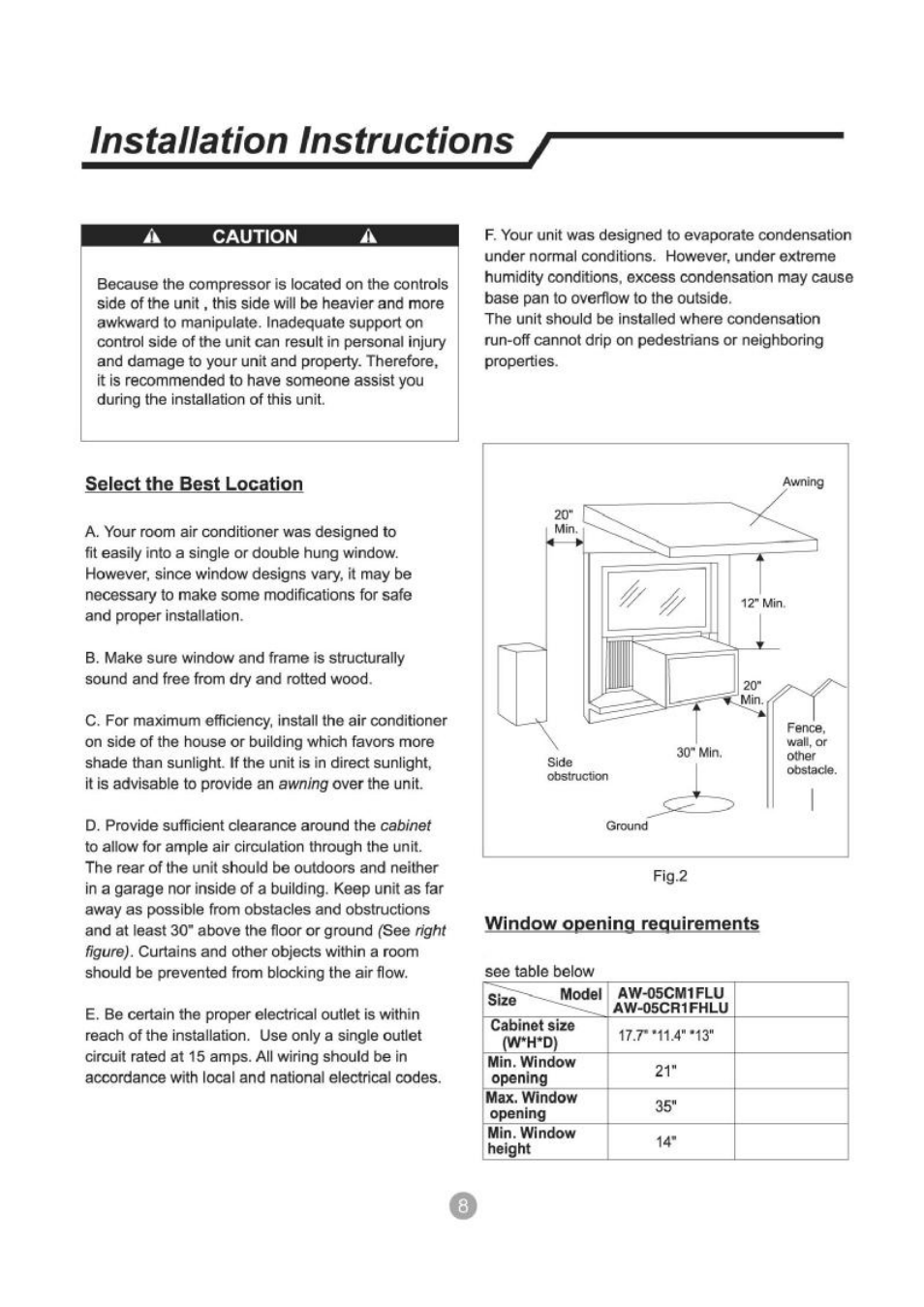 A caution, Select the best location, Window opening requirements | Installation instructions | Admiral AW-05CR1FHLU User Manual | Page 9 / 36