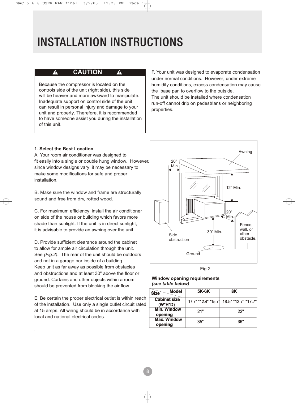 Installation instructions, Caution | Admiral AAW-08DR1FHU User Manual | Page 10 / 34