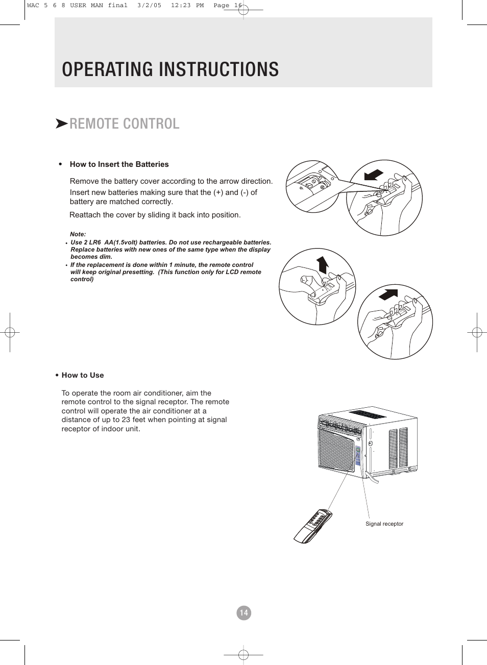 Operating instructions, Remote control | Admiral AAW-08DR1FHU User Manual | Page 16 / 34