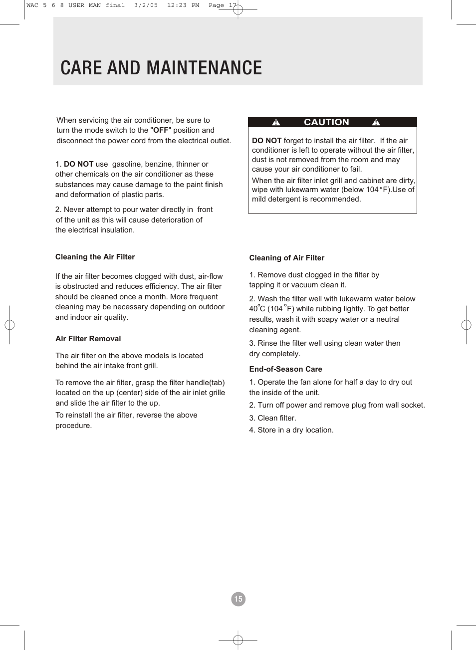 Care and maintenance | Admiral AAW-08DR1FHU User Manual | Page 17 / 34